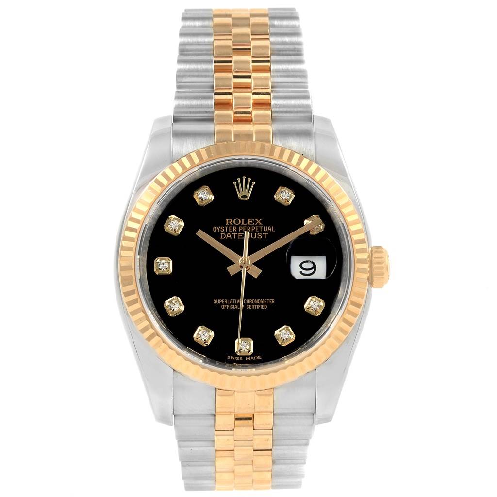 The image shows a front view of a Rolex Datejust 116233 Men
s Stainless Steel Black Dial 116233 Men
s Stainless Steel Black Dial watch, displaying its dial, bezel, and two-tone bracelet.