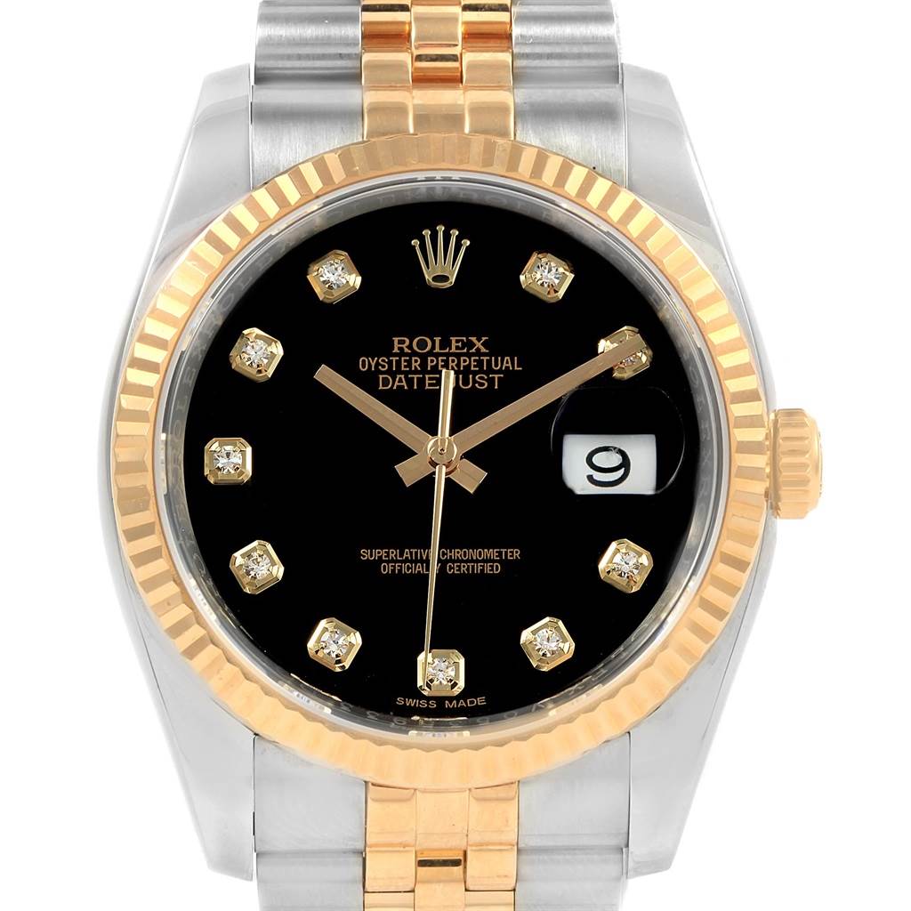 The image shows a close-up, front-facing view of the Rolex Datejust 116233 Men
s Stainless Steel Black Dial 116233 Men
s Stainless Steel Black Dial watch, highlighting the dial, bezel, and part of the bracelet.