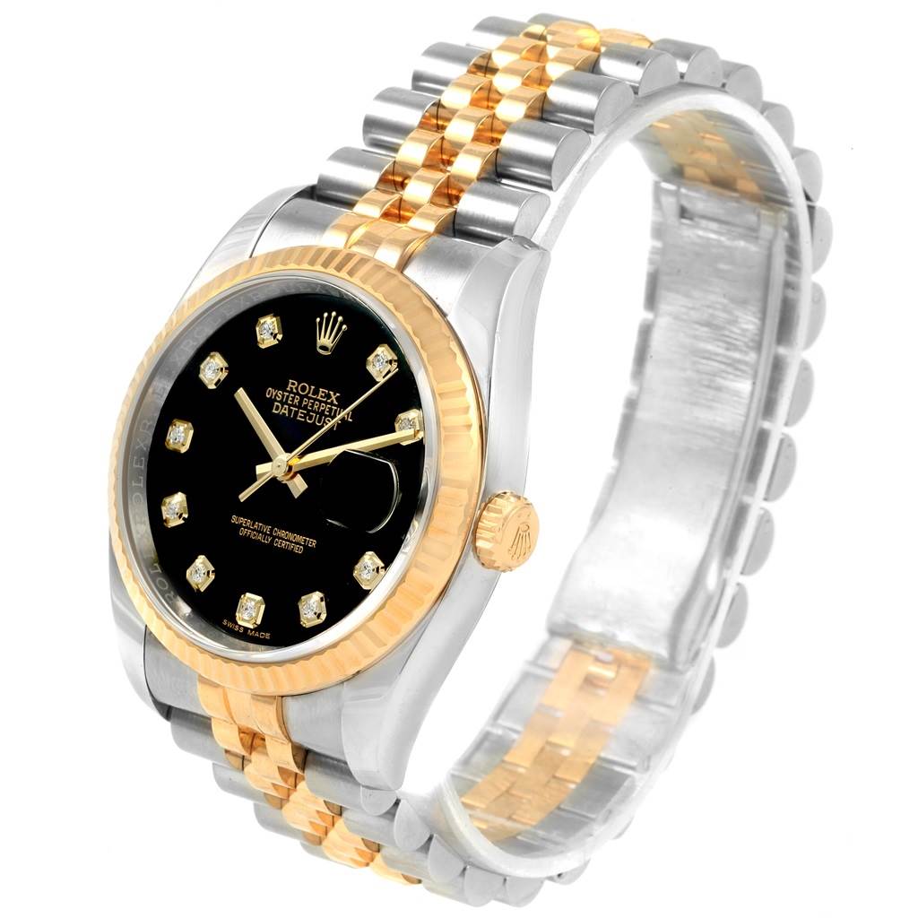 The image shows a Rolex Datejust 116233 Men
s Stainless Steel Black Dial 116233 Men
s Stainless Steel Black Dial watch at a slight angle, highlighting its two-tone band, black dial, and diamond hour markers.