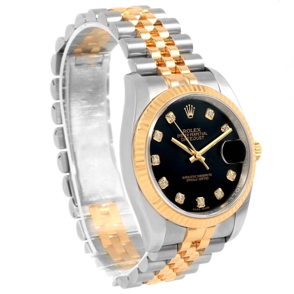 The image shows a Rolex Datejust 116233 Men
s Stainless Steel Black Dial 116233 Men
s Stainless Steel Black Dial watch at a front-left angle, highlighting its black dial, gold markers, and two-tone bracelet.