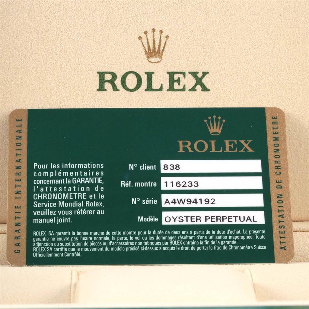 The image shows the guarantee card for the Rolex Datejust 116233 Men's Stainless Steel Black Dial 116233 Men's Stainless Steel Black Dial model.