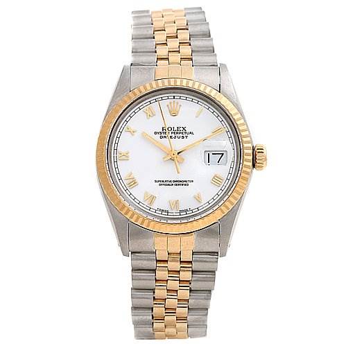 The image shows a frontal view of a Rolex Datejust 16013 Men's Stainless Steel White Dial 16013 Men's Stainless Steel White Dial watch featuring a gold and silver two-tone band and a white dial with gold Roman numerals.