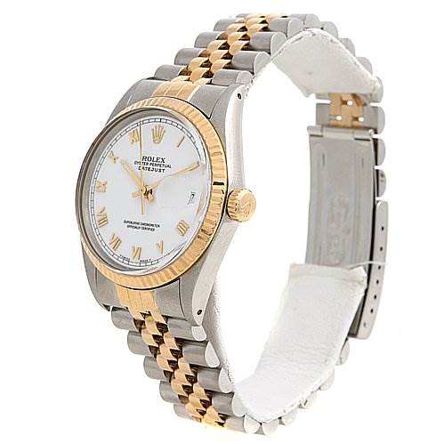 This Rolex Datejust 16013 Men's Stainless Steel White Dial 16013 Men's Stainless Steel White Dial watch is shown at a slight angle, displaying its face, bezel, crown, and two-tone bracelet.