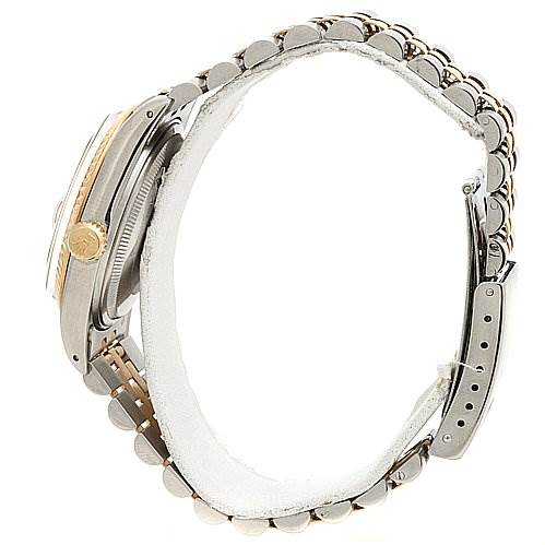 The image shows a side profile of a Rolex Datejust 16013 Men's Stainless Steel White Dial 16013 Men's Stainless Steel White Dial watch, highlighting its case, crown, and partially folded metal bracelet.