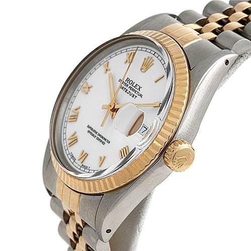 The image shows a side and partial top view of a Rolex Datejust 16013 Men's Stainless Steel White Dial 16013 Men's Stainless Steel White Dial watch, highlighting the crown, bezel, and part of the bracelet.