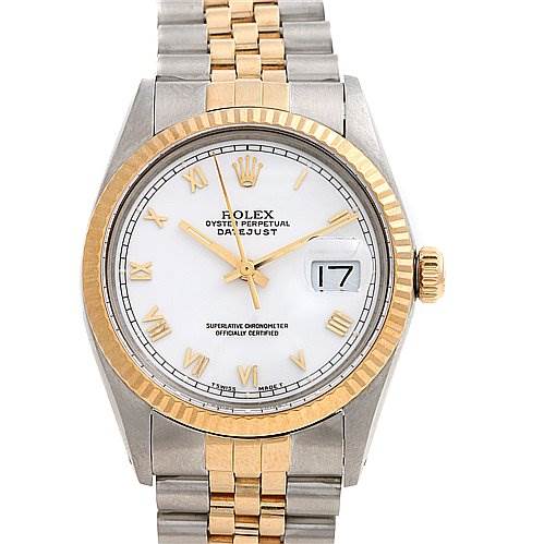 The image shows a Rolex Datejust 16013 Men's Stainless Steel White Dial 16013 Men's Stainless Steel White Dial watch from a front angle, highlighting the dial, bezel, crown, and part of the bracelet.