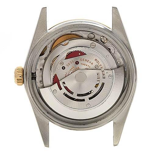 This image shows the internal mechanical movement of a Rolex Datejust 16013 Men's Stainless Steel White Dial 16013 Men's Stainless Steel White Dial watch from a back angle.