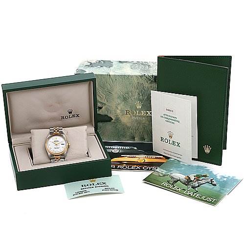 The image shows a Rolex Datejust 16013 Men's Stainless Steel White Dial 16013 Men's Stainless Steel White Dial watch in its open box along with various booklets and certificates.