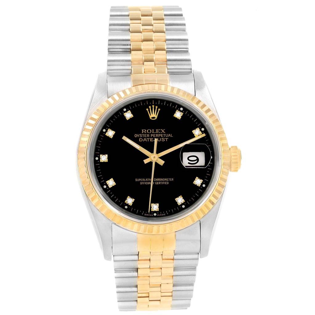 The image shows a front view of a Rolex Datejust 16233 Men
s Steel and Gold (two tone) Black Dial 16233 Men
s Steel and Gold (two tone) Black Dial watch with a black dial and two-tone bracelet.