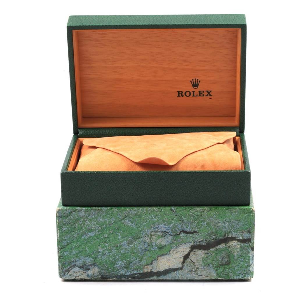 The image shows a Rolex Datejust 16233 Men
s Steel and Gold (two tone) Black Dial 16233 Men
s Steel and Gold (two tone) Black Dial watch box and pouch from a front angle, without the watch visible.