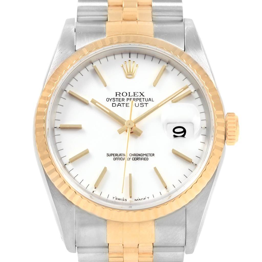 This Rolex Datejust 16233 Men's Steel and Gold (two tone) White Dial 16233 Men's Steel and Gold (two tone) White Dial watch is shown from the front, displaying the face, bezel, case, and part of the bracelet.