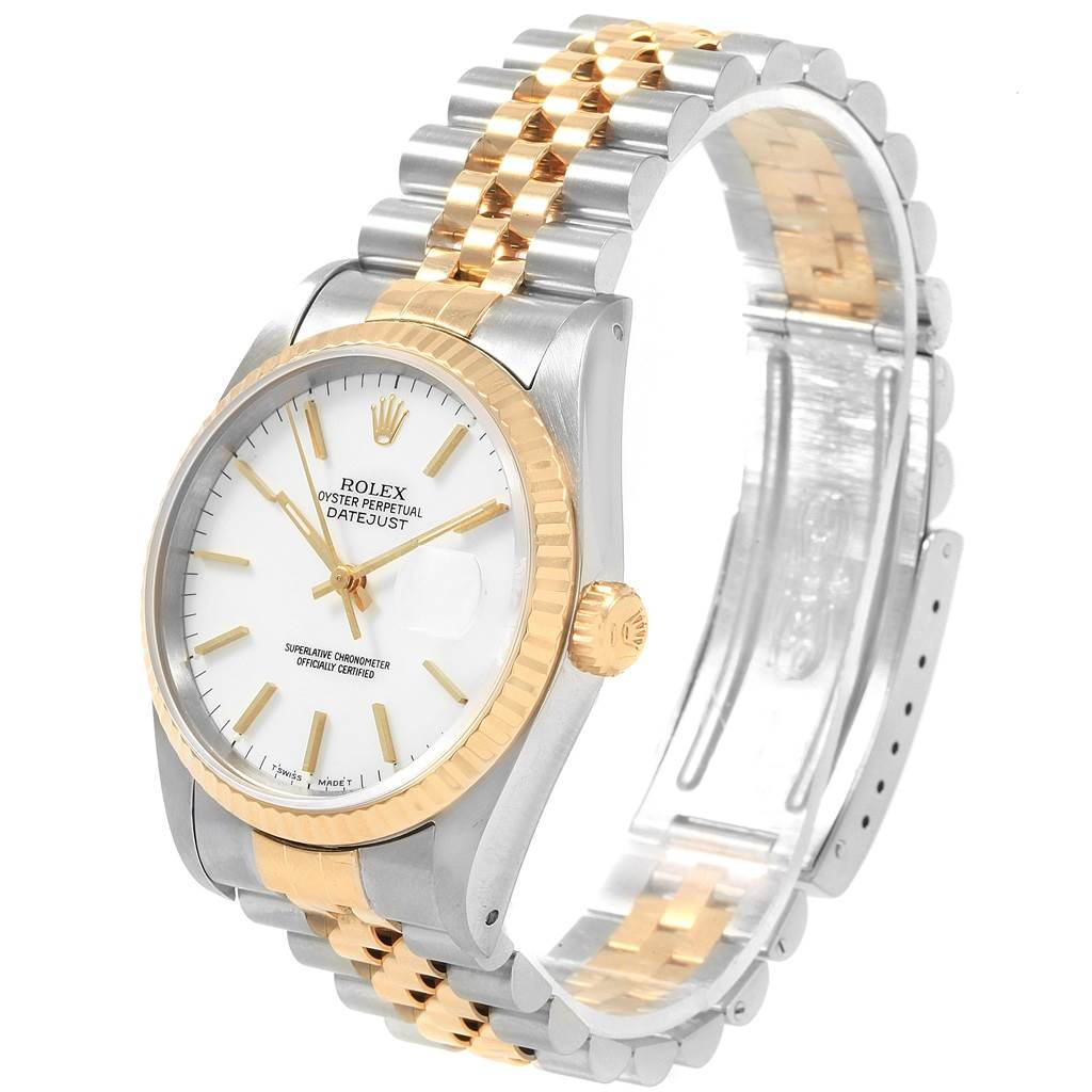 This image shows a side view of the Rolex Datejust 16233 Men's Steel and Gold (two tone) White Dial 16233 Men's Steel and Gold (two tone) White Dial watch, highlighting its dial, crown, and bracelet.