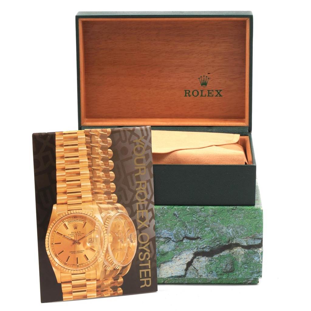 The image shows the open box and booklet of a Rolex Datejust 16233 Men's Steel and Gold (two tone) White Dial 16233 Men's Steel and Gold (two tone) White Dial, with the watch not visible.