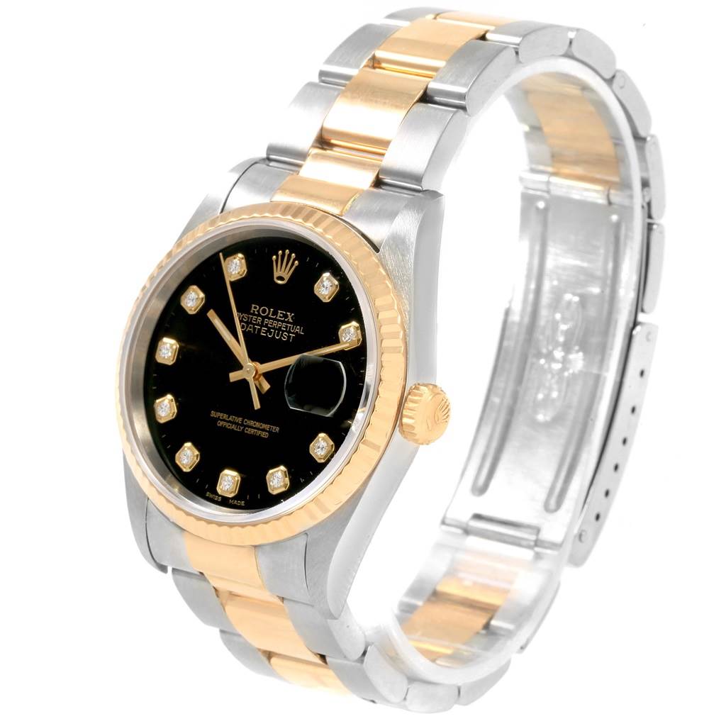 This image shows a Rolex Datejust 16233 Men
s Steel and Gold (two tone) Black Dial 16233 Men
s Steel and Gold (two tone) Black Dial watch at a three-quarter angle, displaying its dial, bezel, and bracelet.