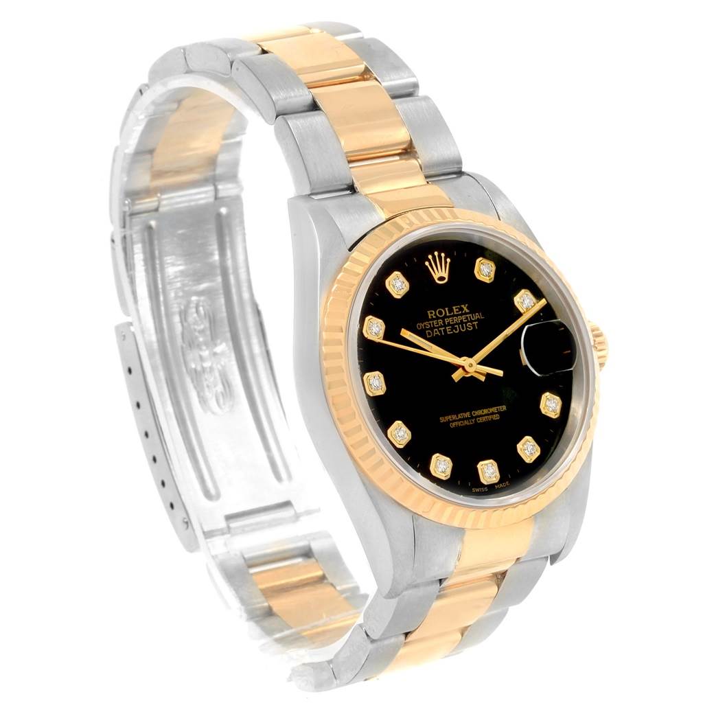 This image shows a Rolex Datejust 16233 Men
s Steel and Gold (two tone) Black Dial 16233 Men
s Steel and Gold (two tone) Black Dial watch from an angled perspective, highlighting the dial, bezel, and two-tone bracelet.