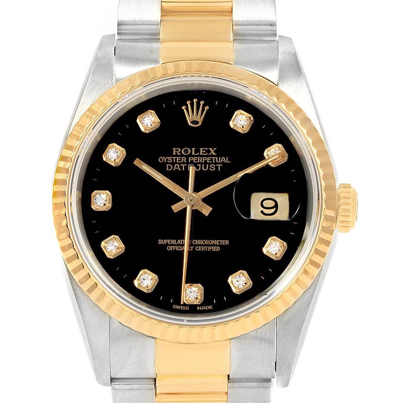Rolex Datejust 36 Steel Yellow Gold Black Diamond Dial Mens Watch 16233 SwissWatchExpo