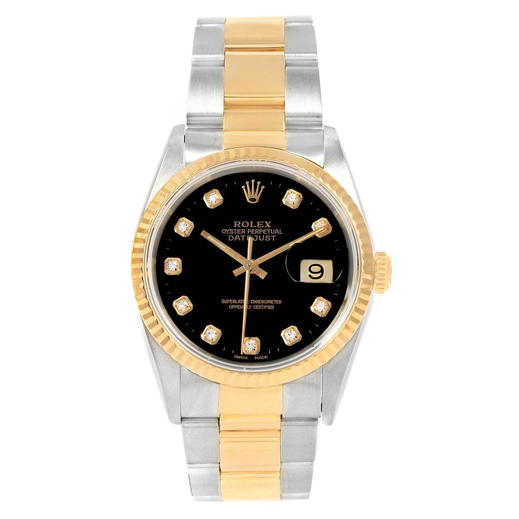 This image shows a front view of the Rolex Datejust 16233 Men
s Steel and Gold (two tone) Black Dial 16233 Men
s Steel and Gold (two tone) Black Dial watch, displaying its two-tone bracelet, black dial, and date window.
