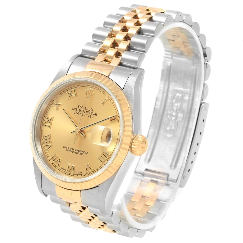 The image shows a Rolex Datejust 16233 Men's Steel and Gold (two tone) Champagne Dial 16233 Men's Steel and Gold (two tone) Champagne Dial watch from an angled side view, highlighting its dial, bezel, and two-tone bracelet.
