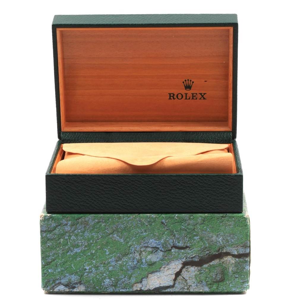 The image shows the open box of a Rolex Datejust 16233 Men's Steel and Gold (two tone) Champagne Dial 16233 Men's Steel and Gold (two tone) Champagne Dial watch with the watch not visible, only the branded interior.