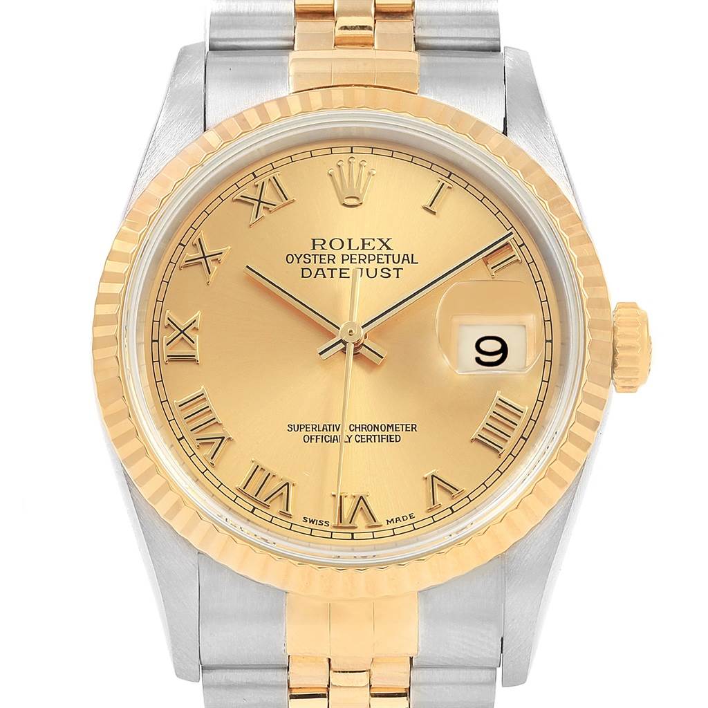 This image shows a close-up front view of a Rolex Datejust 16233 Men's Steel and Gold (two tone) Champagne Dial 16233 Men's Steel and Gold (two tone) Champagne Dial model, highlighting the gold dial, Roman numerals, and the two-tone metal bracelet.