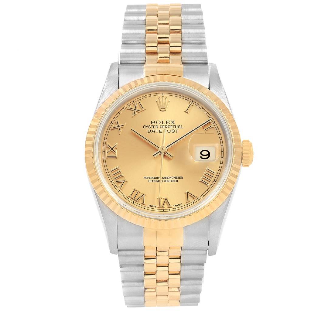 The image shows a front view of a Rolex Datejust 16233 Men's Steel and Gold (two tone) Champagne Dial 16233 Men's Steel and Gold (two tone) Champagne Dial watch, highlighting its gold and silver design, Roman numeral dial, and date window.