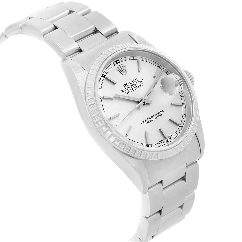 The image shows a Rolex Datejust 16220 Men's Stainless Steel Silver Dial 16220 Men's Stainless Steel Silver Dial watch at a slight side angle, highlighting its dial, bezel, and part of the bracelet.