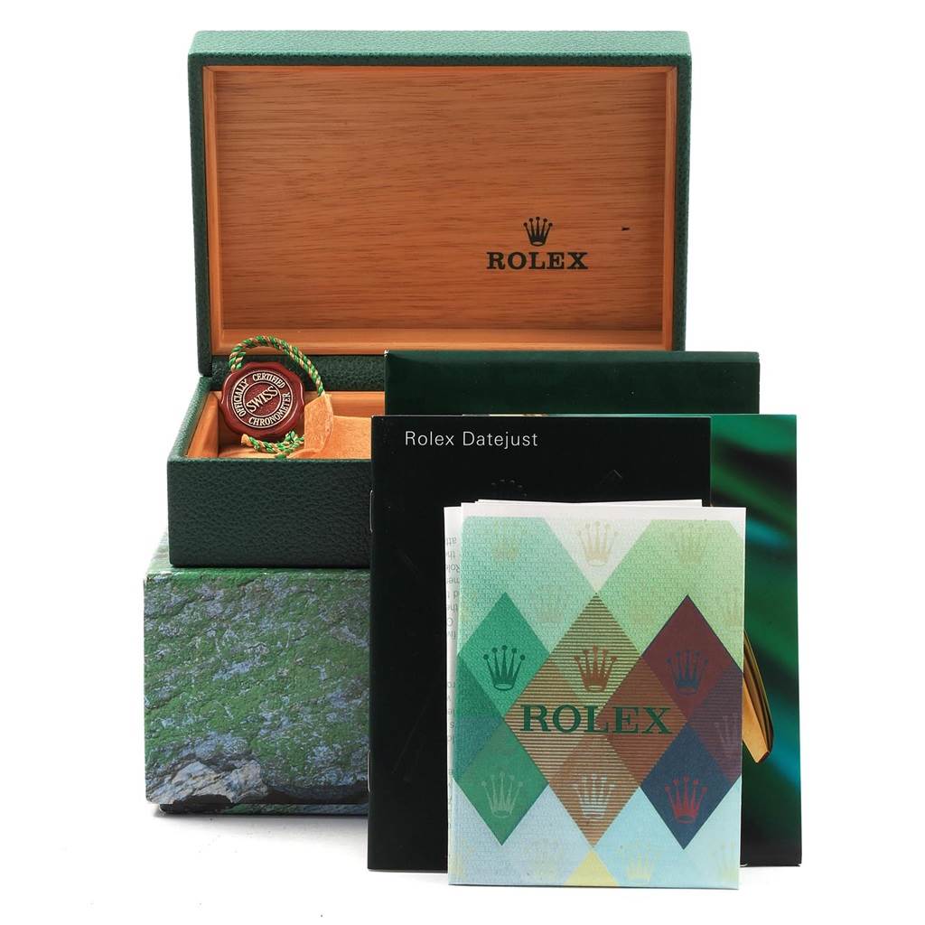 The image shows a Rolex Datejust 16220 Men's Stainless Steel Silver Dial 16220 Men's Stainless Steel Silver Dial watch box, booklets, and a tag from a slightly elevated angle.