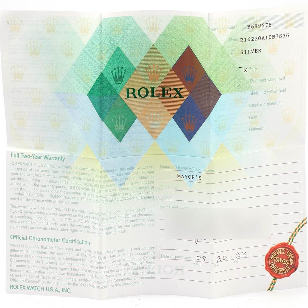 The image shows the warranty card for a Rolex Datejust 16220 Men's Stainless Steel Silver Dial 16220 Men's Stainless Steel Silver Dial model, detailing serial number, style, and other purchase information.