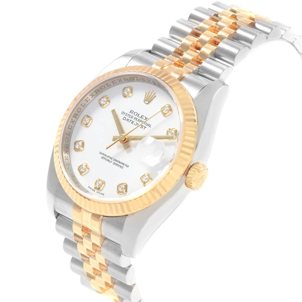 The image shows a Rolex Datejust 116233 Men's Steel and Gold (two tone) White Dial 116233 Men's Steel and Gold (two tone) White Dial watch at a right-side angle, highlighting its dial, bezel, crown, and two-tone bracelet.