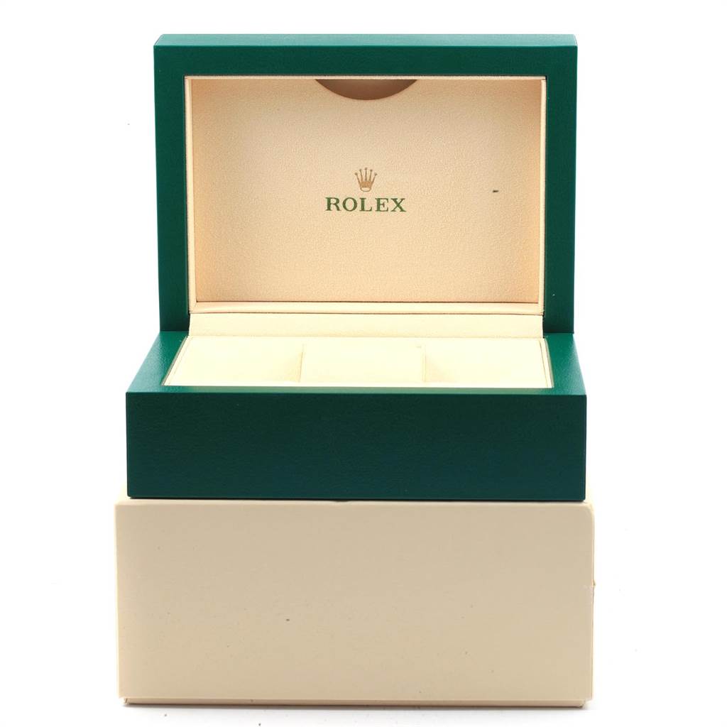 The image shows an open, empty Rolex Datejust 116233 Men's Steel and Gold (two tone) White Dial 116233 Men's Steel and Gold (two tone) White Dial watch box from a front angle.