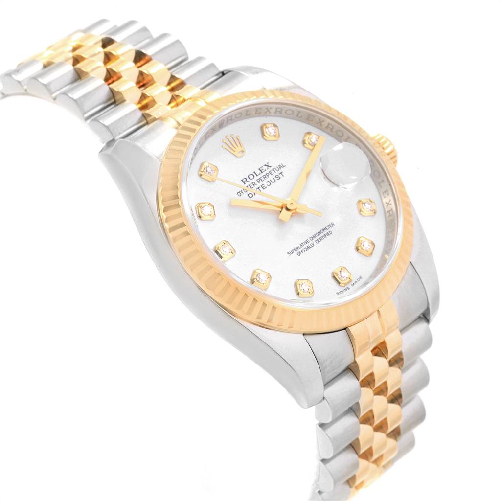 The image shows a Rolex Datejust 116233 Men's Steel and Gold (two tone) White Dial 116233 Men's Steel and Gold (two tone) White Dial watch at an angled view, highlighting its gold and silver bracelet, fluted bezel, and diamond markers.