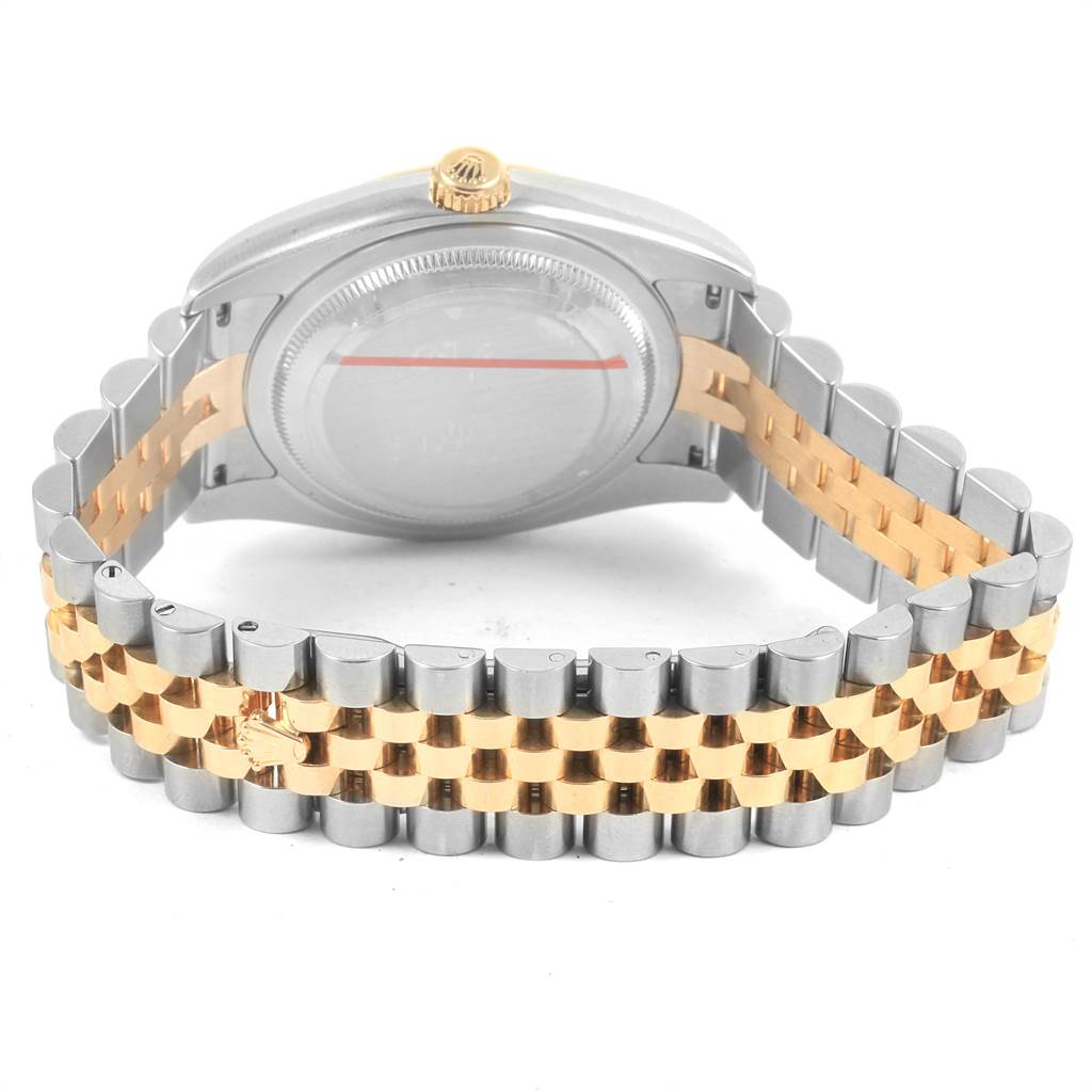 The image shows the back view of a Rolex Datejust 116233 Men's Steel and Gold (two tone) White Dial 116233 Men's Steel and Gold (two tone) White Dial watch, highlighting its bicolor metal bracelet and case back.