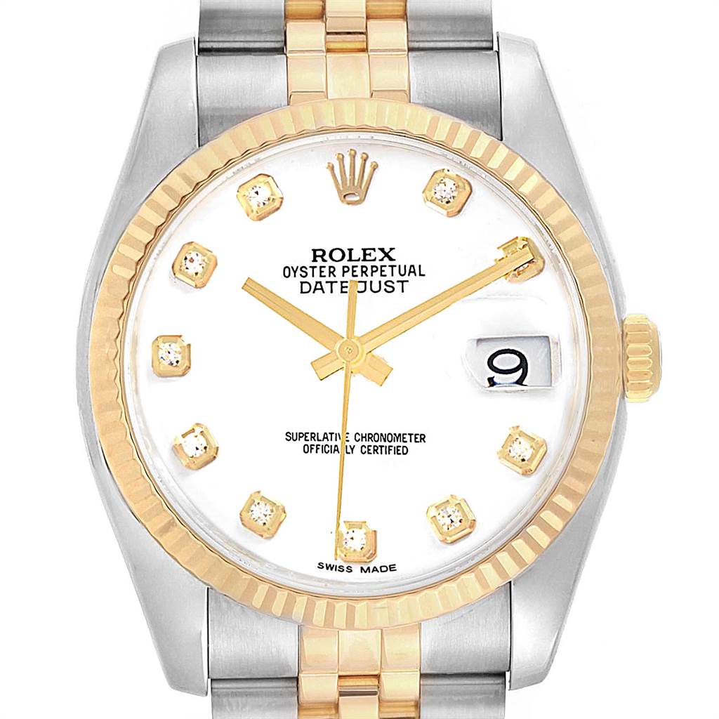 The image shows a frontal view of a Rolex Datejust 116233 Men's Steel and Gold (two tone) White Dial 116233 Men's Steel and Gold (two tone) White Dial watch, displaying its dial, bezel, hands, and part of the bracelet.