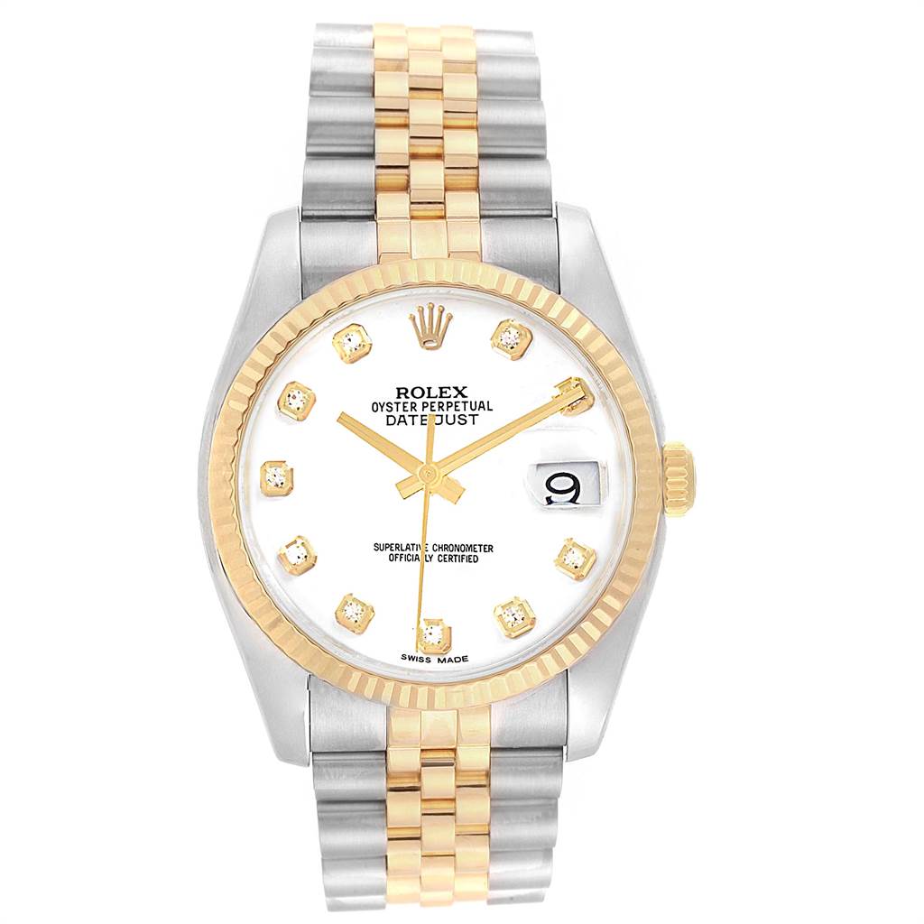 This is a front view of a Rolex Datejust 116233 Men's Steel and Gold (two tone) White Dial 116233 Men's Steel and Gold (two tone) White Dial watch, showcasing its two-tone bracelet, fluted bezel, and white dial with diamond hour markers.