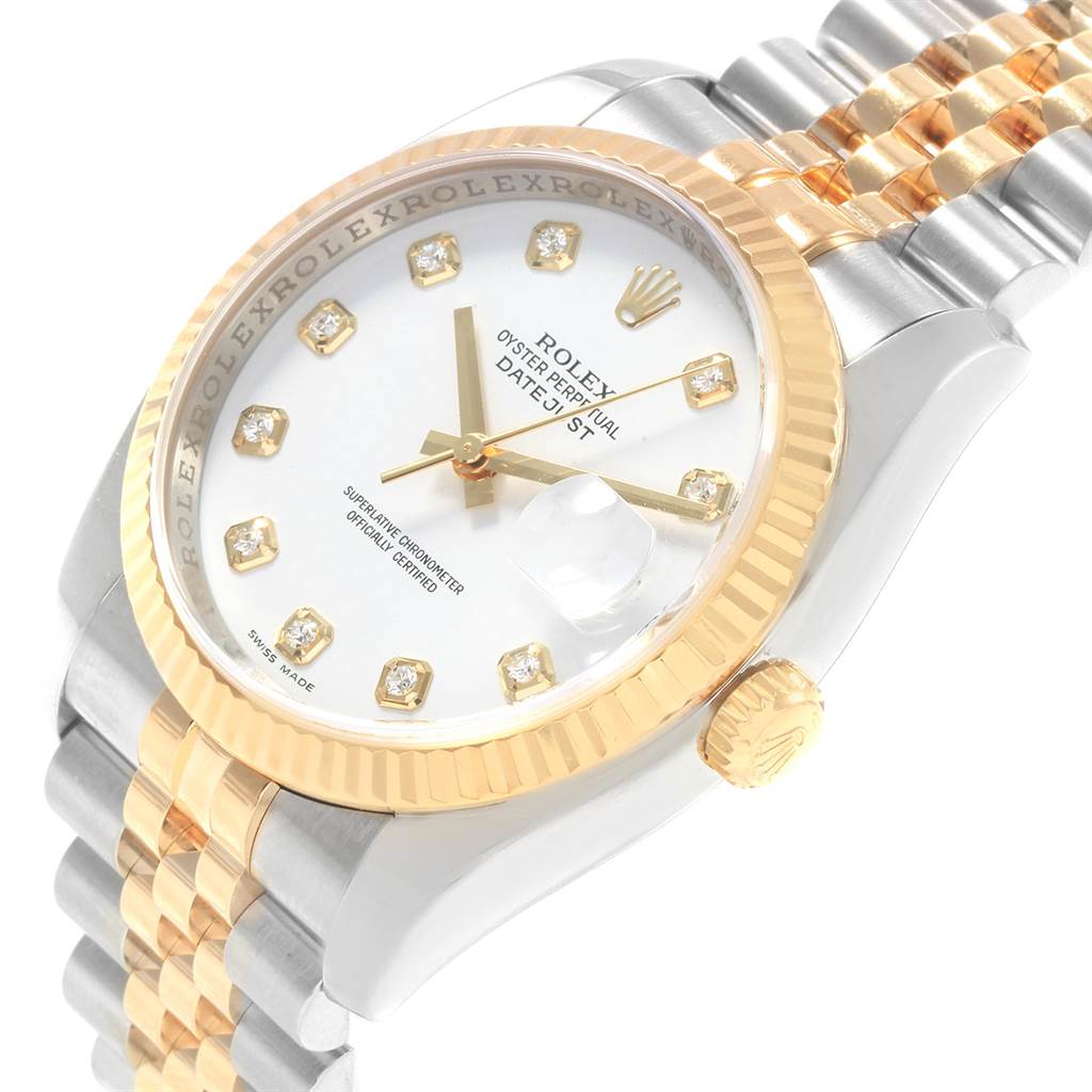 The image shows a Rolex Datejust 116233 Men's Steel and Gold (two tone) White Dial 116233 Men's Steel and Gold (two tone) White Dial watch at an oblique angle, highlighting part of the face, bezel, and bracelet.
