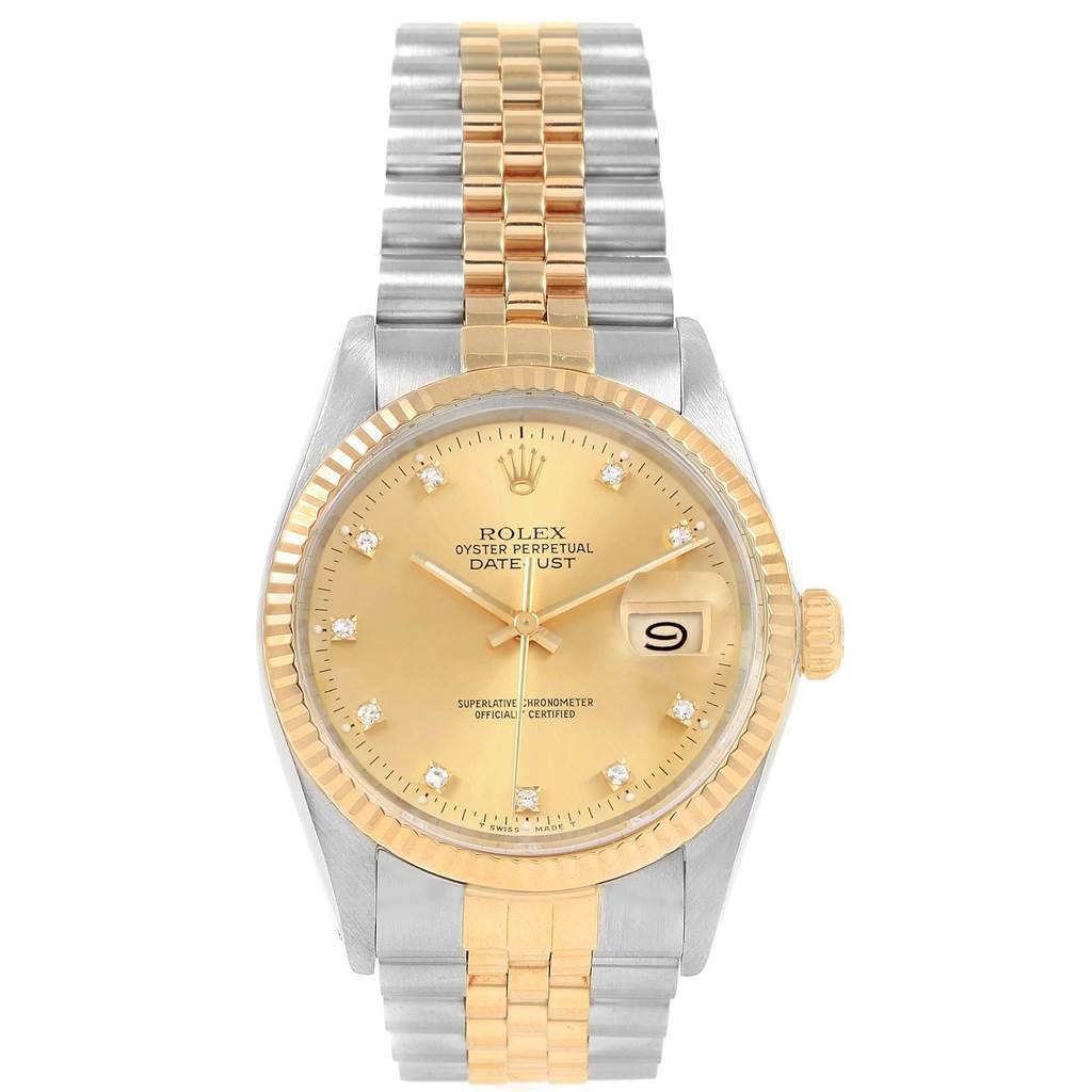 The image shows a front view of the Rolex Datejust 16013 Men's Stainless Steel Champagne Dial 16013 Men's Stainless Steel Champagne Dial model, highlighting the watch face, bezel, and two-tone bracelet.