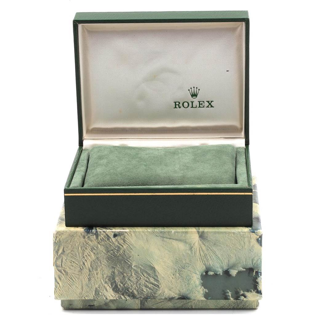 The image shows an open Rolex Datejust 16013 Men's Stainless Steel Champagne Dial 16013 Men's Stainless Steel Champagne Dial watch box with the inner cushion and branded lining visible.