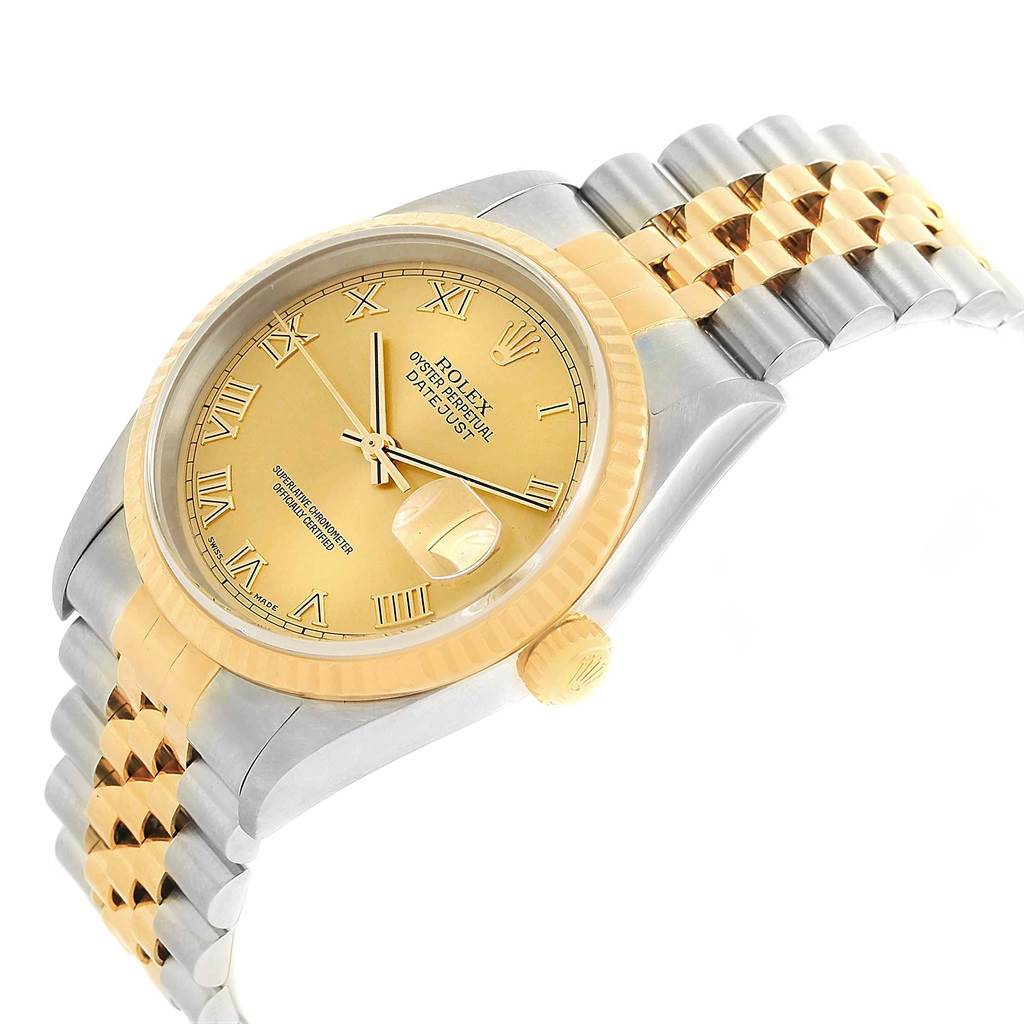 The image shows a side angle of a Rolex Datejust 16233 Men's Steel and Gold (two tone) Champagne Dial 16233 Men's Steel and Gold (two tone) Champagne Dial watch, highlighting its bezel, face with Roman numerals, and two-tone jubilee bracelet.