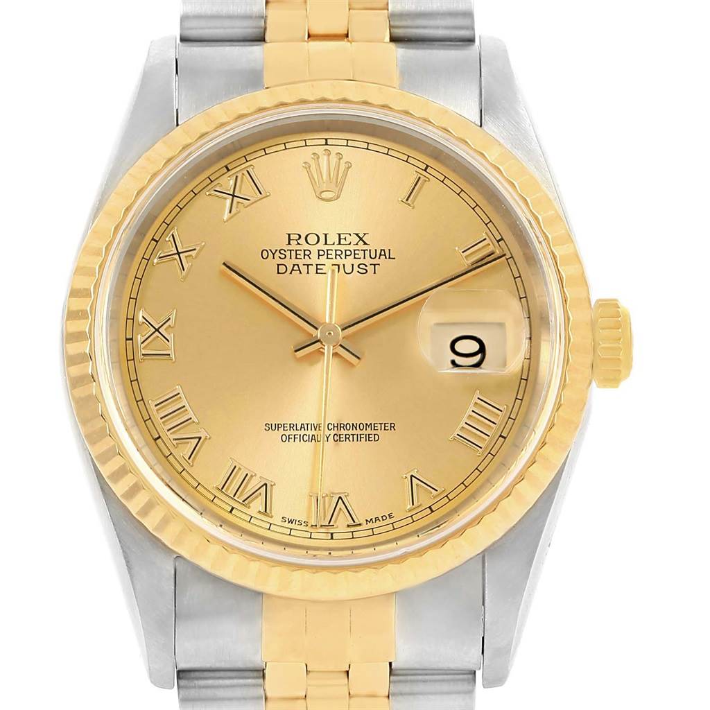 This image shows a front view of a Rolex Datejust 16233 Men's Steel and Gold (two tone) Champagne Dial 16233 Men's Steel and Gold (two tone) Champagne Dial watch, highlighting the dial, bezel, and bracelet.