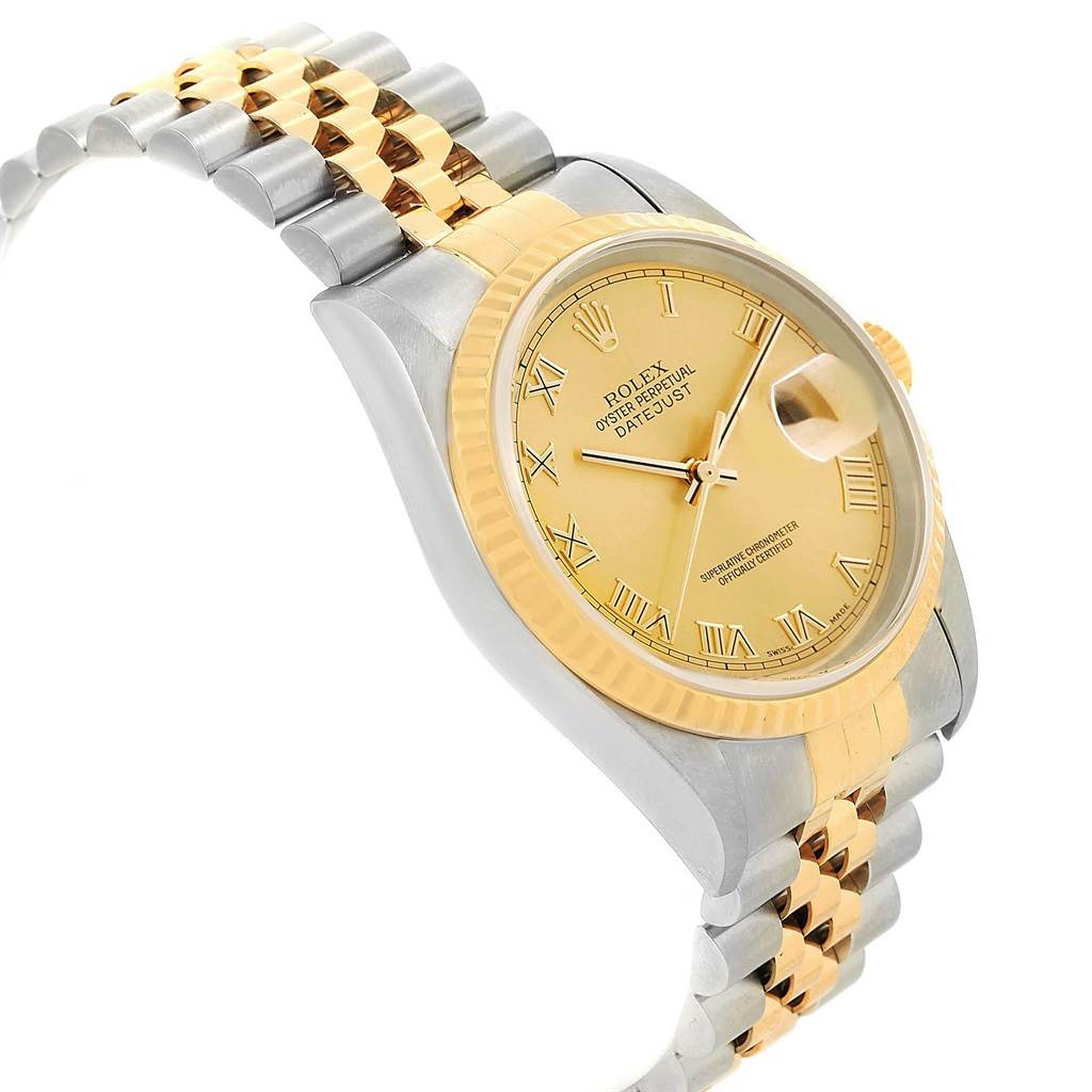This image shows a Rolex Datejust 16233 Men's Steel and Gold (two tone) Champagne Dial 16233 Men's Steel and Gold (two tone) Champagne Dial watch angled to display the dial, fluted bezel, and two-tone Jubilee bracelet.