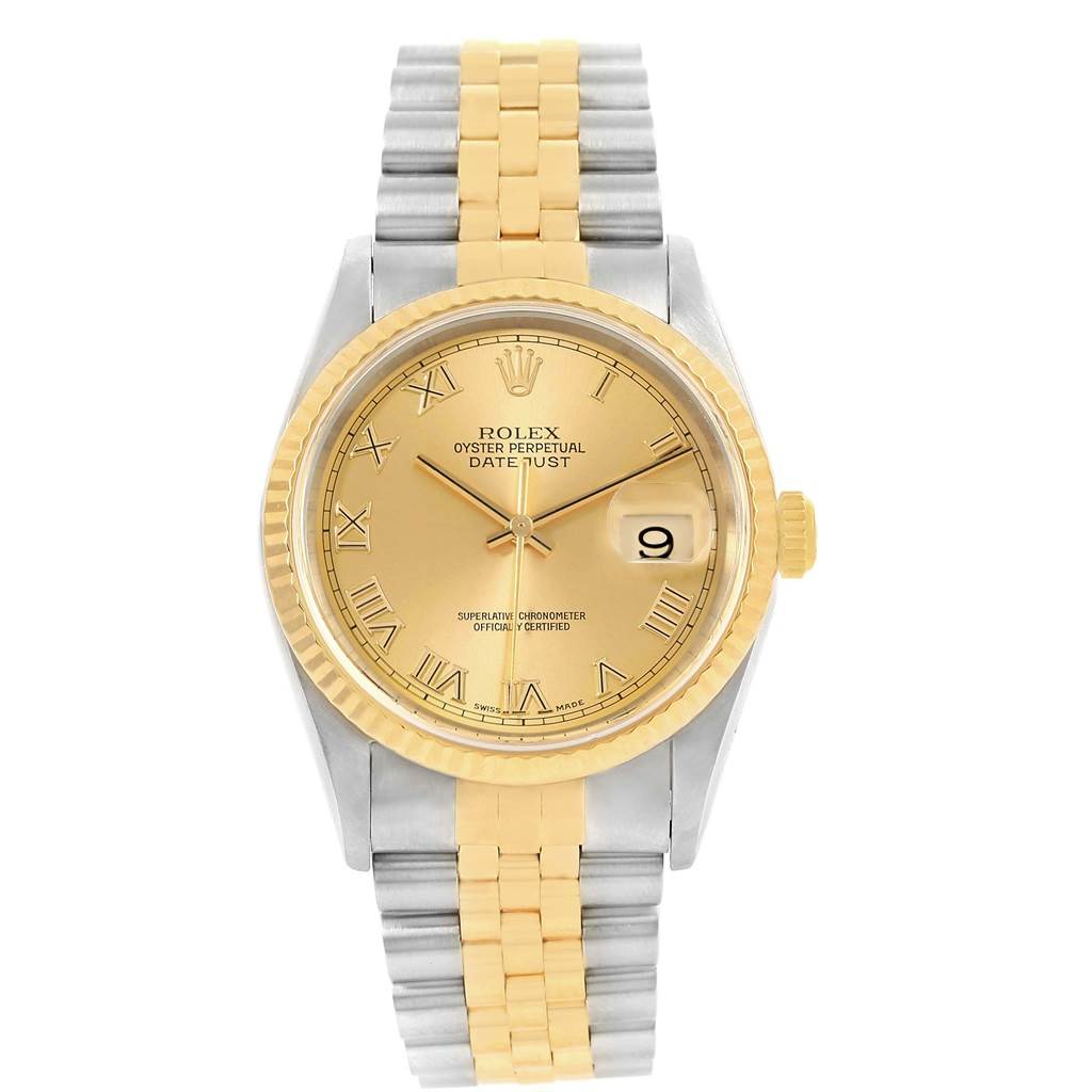 The image shows a front view of a Rolex Datejust 16233 Men's Steel and Gold (two tone) Champagne Dial 16233 Men's Steel and Gold (two tone) Champagne Dial watch, highlighting its gold-tone dial, bezel, and two-tone bracelet.