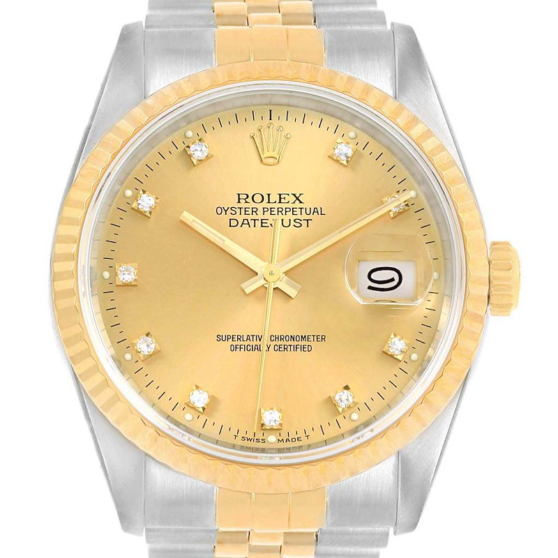 Rolex Datejust 36mm Steel Yellow Gold Diamond Dial Unisex Watch 16233 SwissWatchExpo