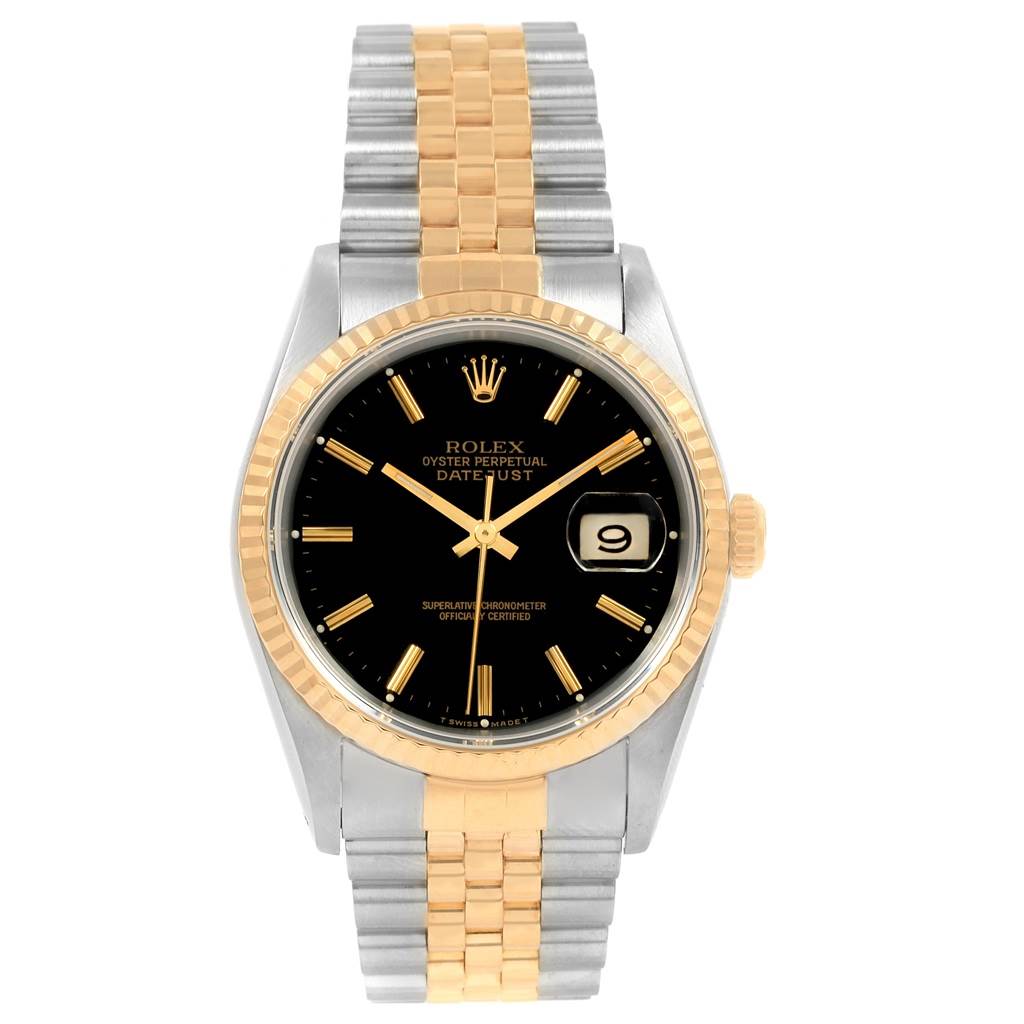 This image shows a front view of the Rolex Datejust 16233 Men's Steel and Gold (two tone) Black Dial 16233 Men's Steel and Gold (two tone) Black Dial watch, highlighting its black dial, gold hands, fluted bezel, and two-tone bracelet.