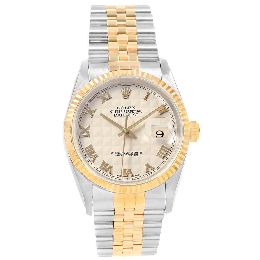 This image shows a Rolex Datejust 16233 Men
s Steel and Gold (two tone) Beige Dial 16233 Men
s Steel and Gold (two tone) Beige Dial watch from a top-down angle, highlighting the dial, bezel, and bracelet.
