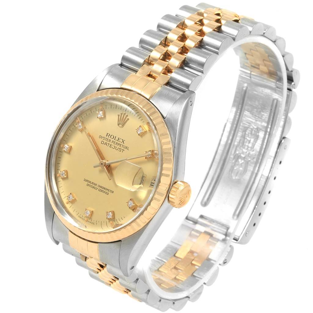 The image shows a Rolex Datejust 16013 Men's Stainless Steel Champagne Dial 16013 Men's Stainless Steel Champagne Dial watch at an angled top view, displaying the dial, bezel, and part of the bracelet.