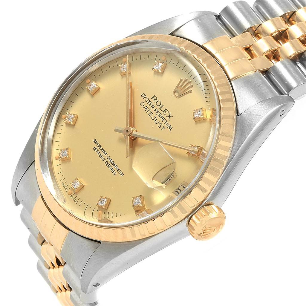 This image shows a Rolex Datejust 16013 Men's Stainless Steel Champagne Dial 16013 Men's Stainless Steel Champagne Dial watch at an angled close-up, highlighting its dial, bezel, and bracelet.