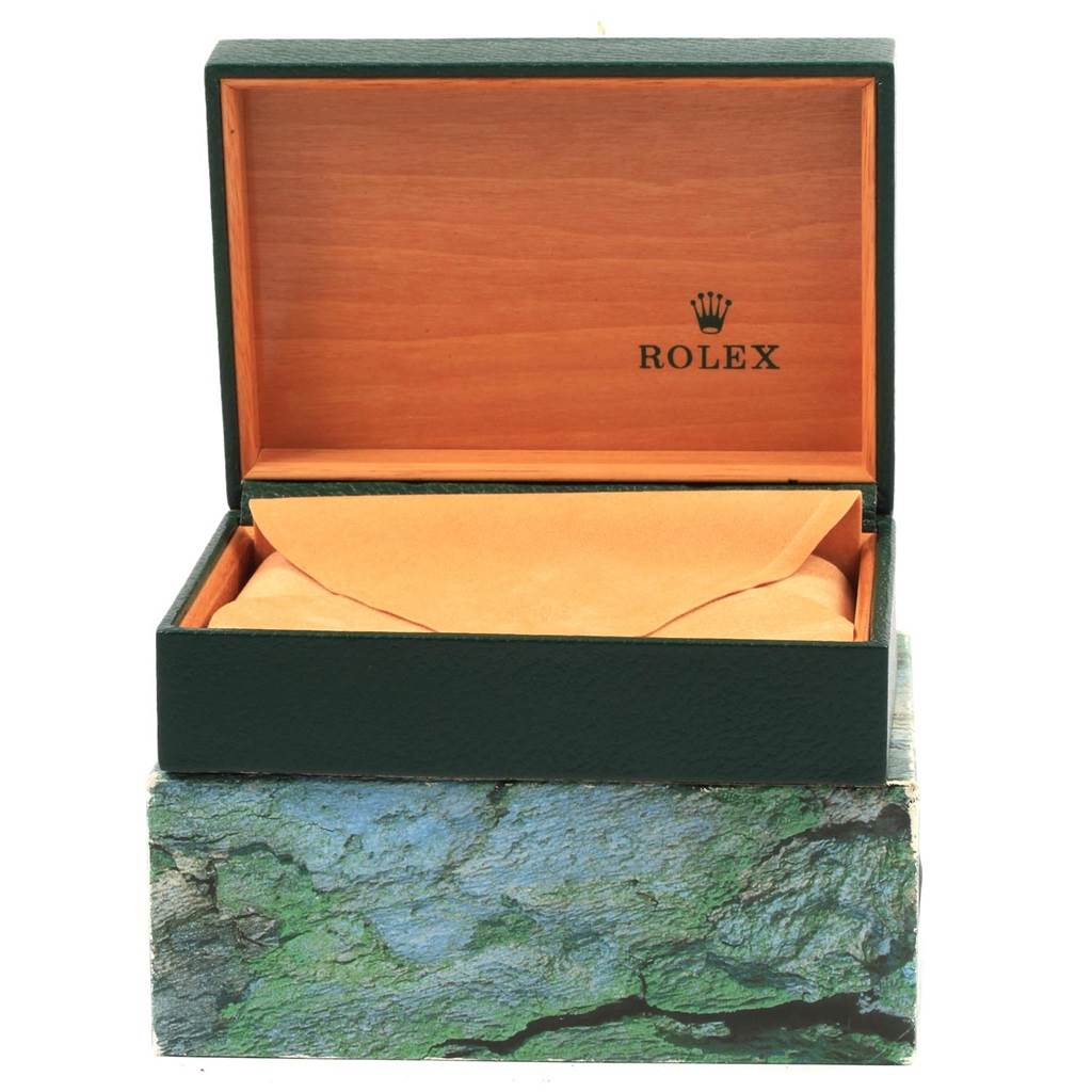 The image shows an open Rolex Datejust 16013 Men's Stainless Steel Champagne Dial 16013 Men's Stainless Steel Champagne Dial watch box and a pouch inside, viewed from the front.