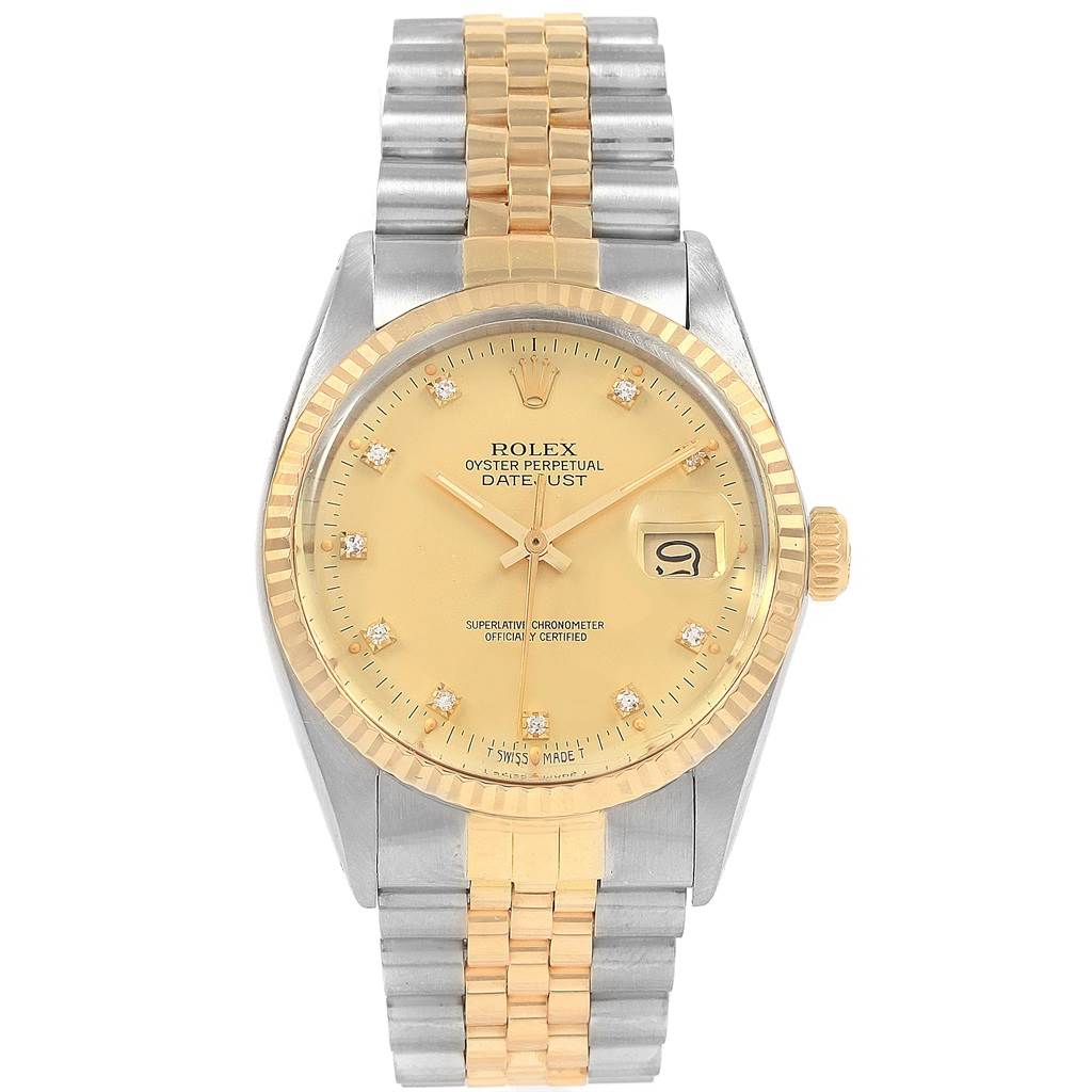 This Rolex Datejust 16013 Men's Stainless Steel Champagne Dial 16013 Men's Stainless Steel Champagne Dial watch is shown from a direct top-down angle, displaying the face, bezel, and bracelet.