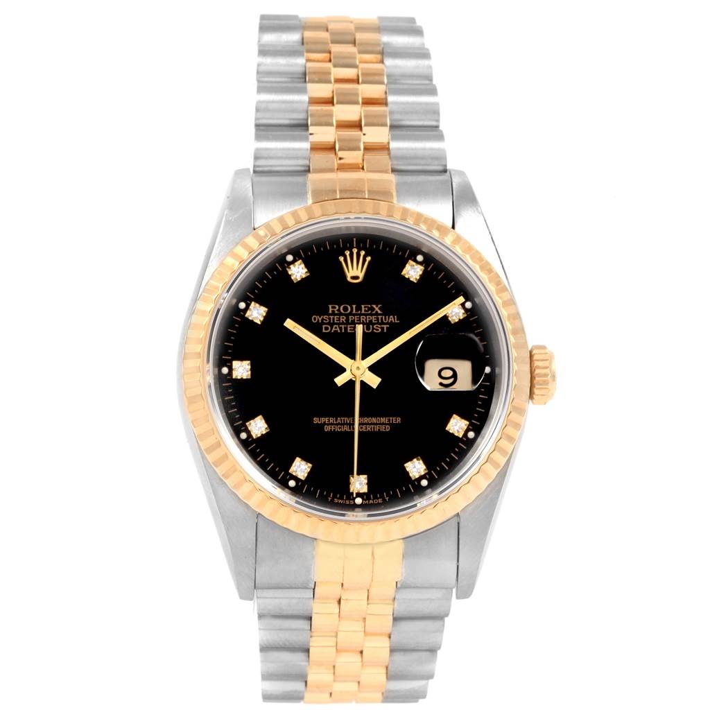 The Rolex Datejust 16233 Men's Steel and Gold (two tone) Black Dial 16233 Men's Steel and Gold (two tone) Black Dial watch is shown from the front, highlighting the dial, bezel, and the two-tone bracelet.