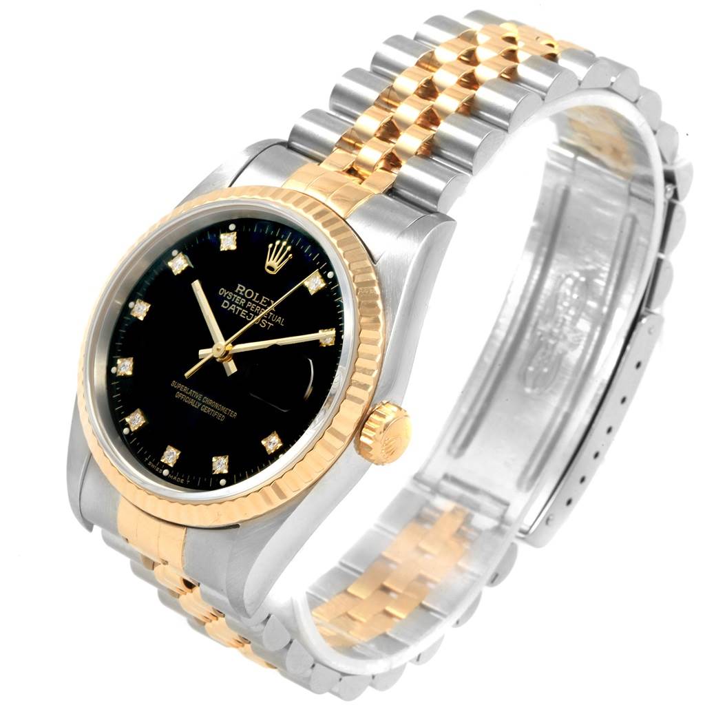 The image shows a Rolex Datejust 16233 Men's Steel and Gold (two tone) Black Dial 16233 Men's Steel and Gold (two tone) Black Dial watch from an angled view, highlighting the dial, bezel, and bracelet.